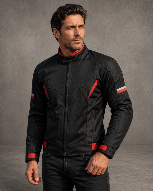 Man wearing a black and red jacket against a gray background