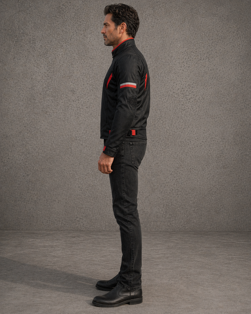 Man wearing a black jacket with red accents and black pants against a gray background