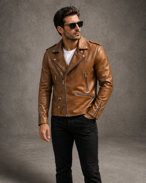 Man wearing a brown leather jacket and sunglasses against a gray background