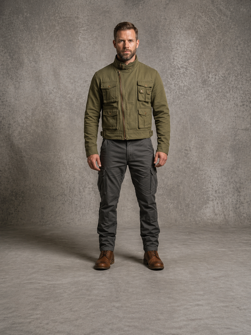 Man wearing a green jacket and gray pants against a gray background