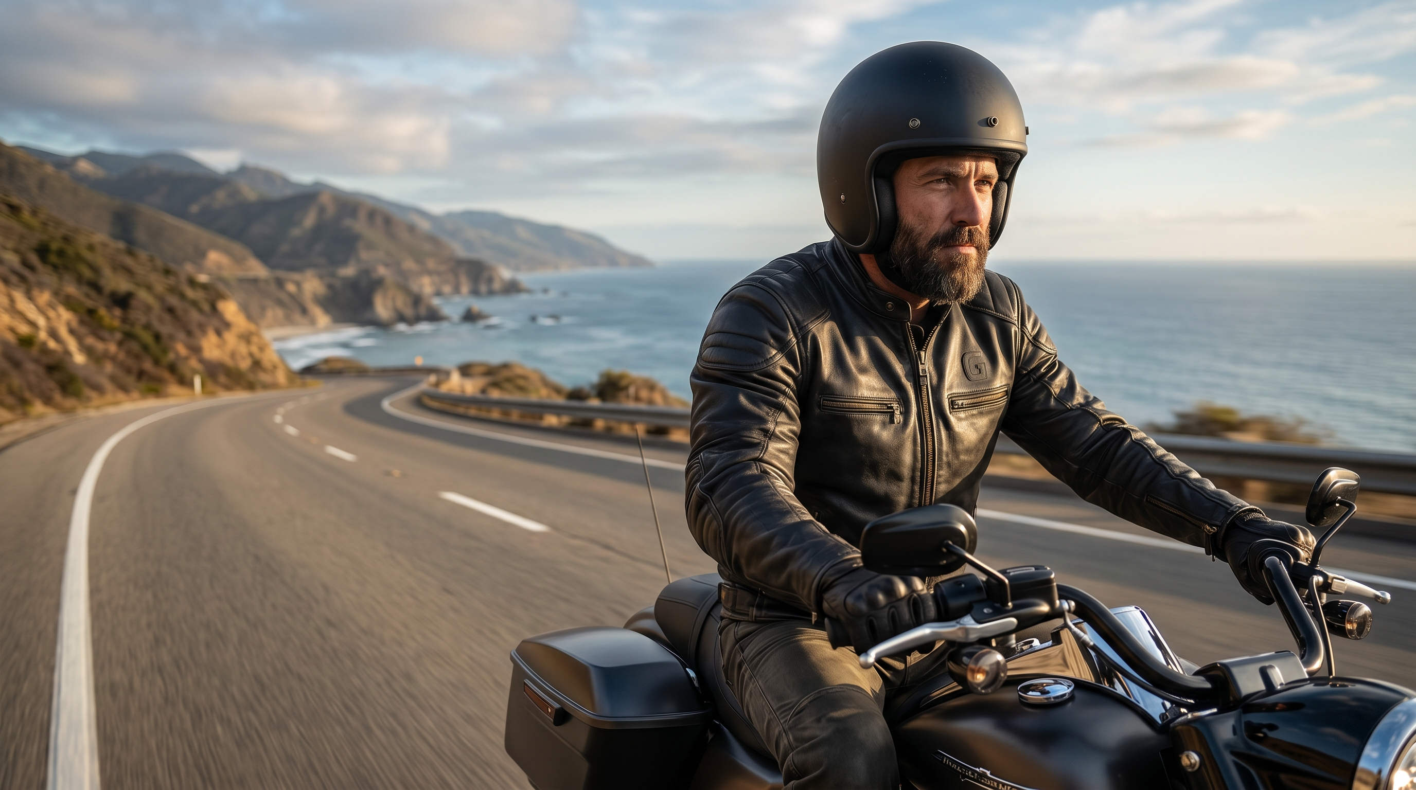 Man riding a motorcycle on a scenic road with ocean and mountains in the background