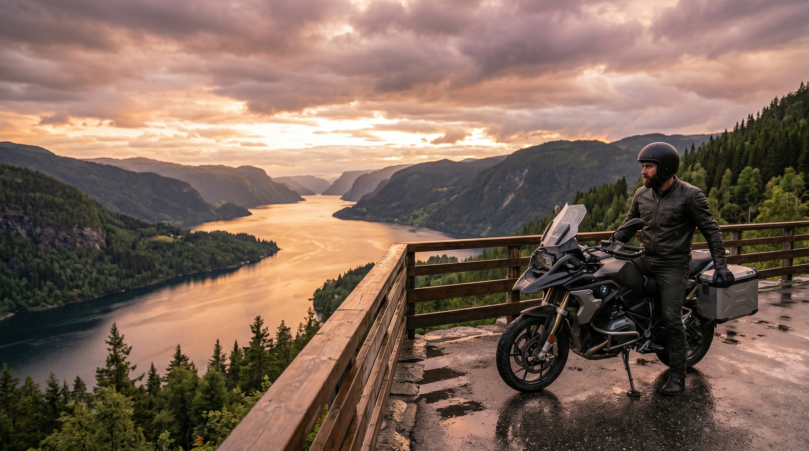 Person with a motorcycle overlooking a scenic landscape with a river and mountains.